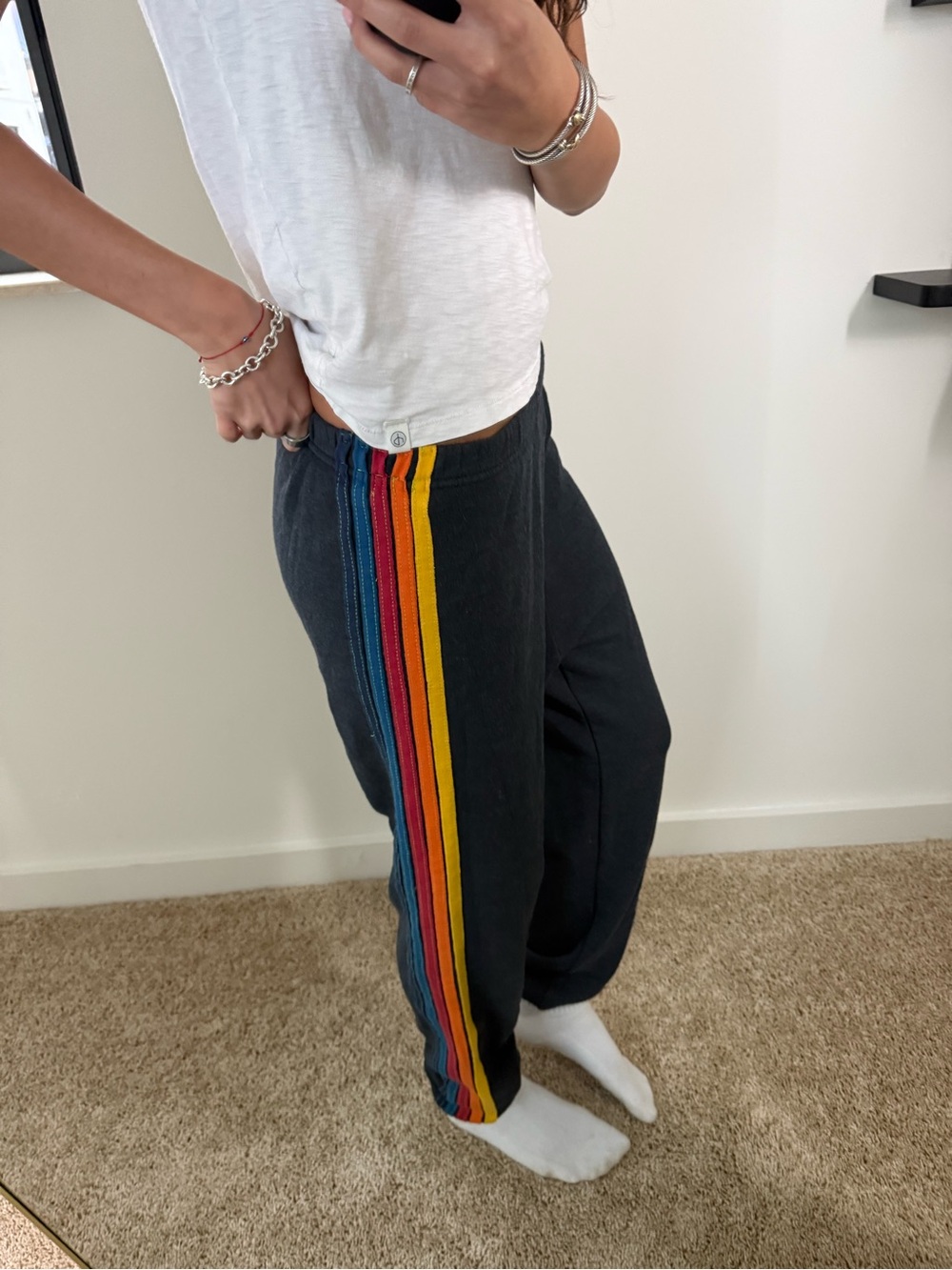 Aviator nation Black Track Pants with Rainbow Side Stripes